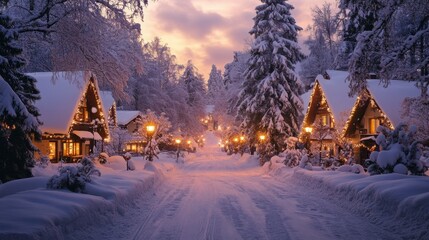 Fototapeta premium Snowy Christmas Village at Twilight