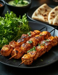 Fototapeta premium Grilled Chicken Skewers with Fresh Greens and Indian Bread Served on a Black Plate, Perfect Dish for Barbecues and Culinary Photography