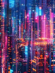 Fototapeta premium Night city panorama. Colorful landscape, retro neon futuristic cityscape. Beach downtown buildings, abstract urban recent background