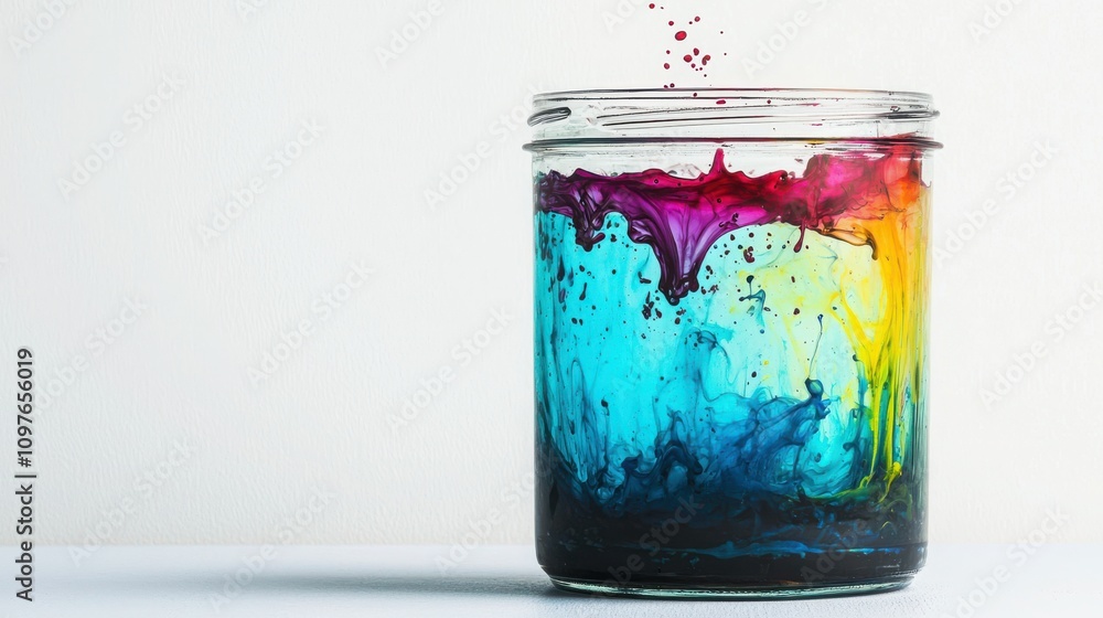 Poster dynamic liquid art colorful mixture in glass container studio setting