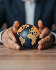 A person in a suit holds a globe, symbolizing global awareness and connection, with a focus on the continents illustrated in a textured design.