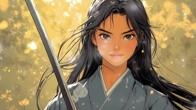 masterful warrior wields her sword in golden dreamscape surrounded by shimmering lights fierce determination Seamless looping time-lapse virtual 4k video animation background anime relaxed atmospheric