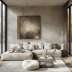 cozy Scandinavian design living room featuring large sectional sofa, minimalist decor, and stunning wall art piece. neutral tones create serene atmosphere