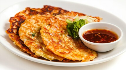 A plate of tangy kimchi pancakes served with a side of spicy dipping sauce, Each pancake crispy and filled with fermented cabbage
