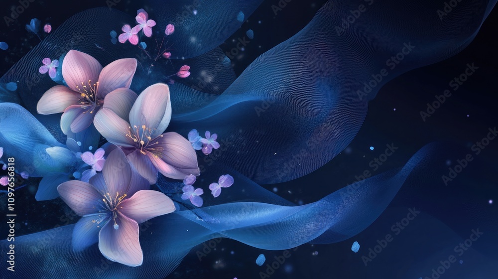 Fototapete elegant new year 2025 card with beautiful flowers and flowing ribbons, creating a sophisticated and 
