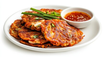 Fototapeta premium A plate of tangy kimchi pancakes served with a side of spicy dipping sauce, Each pancake crispy and filled with fermented cabbage