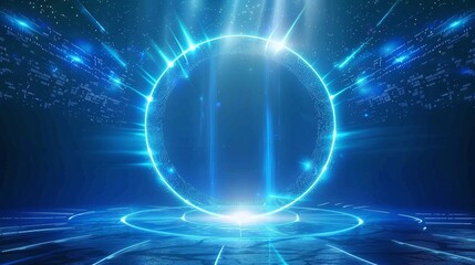 Naklejka premium A futuristic digital interface with glowing blue lights and abstract patterns.
