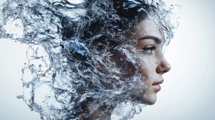 Fototapeta premium A conceptual graphic of a woman and water splash intertwined, blending natural and modern aesthetics seamlessly --ar 16:9 --v 6.1 Job ID: 70d94b62-c0f9-4eb2-8c40-977da953c0a4