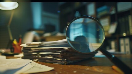 Magnifying glass revealing hidden financial irregularities in a stack of documents, emphasizing secrecy and deception in a dimly lit office setting.