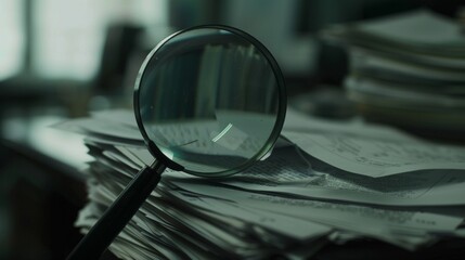 Magnifying glass revealing hidden financial irregularities in a stack of documents, emphasizing secrecy and deception in a dimly lit office setting.