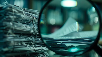 Magnifying glass revealing hidden financial irregularities in a stack of documents, emphasizing secrecy and deception in a dimly lit office setting.