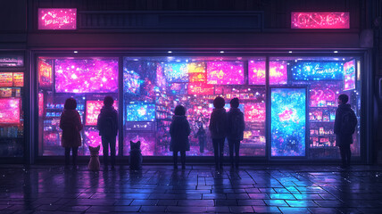 Naklejka premium Children looking at Christmas store window display