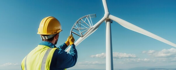 Worker examining the internal structure of wind turbine blades, renewable energy repair work, industrial engineering close-up