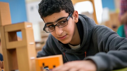 Obraz premium Middle Eastern blind student exploring STEM opportunities with tactile tools in Amman, Jordan
