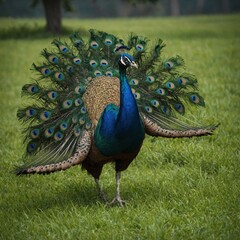 A colorful peacock strolling across an emerald-green field.

