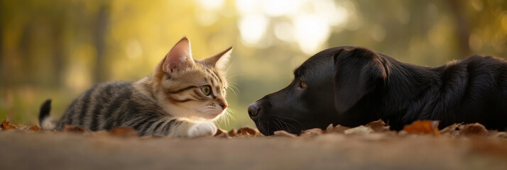 A curious tabby cat and a gentle black dog facing each other on an autumnal ground covered with leaves, capturing a heartwarming moment of friendship and curiosity.