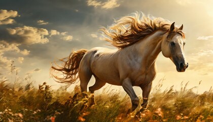 Obraz premium A majestic horse with a flowing mane gallops through a golden field under a dramatic sky. The image captures the power and beauty of the animal, ideal for themes of freedom, nature, and strength.. AI