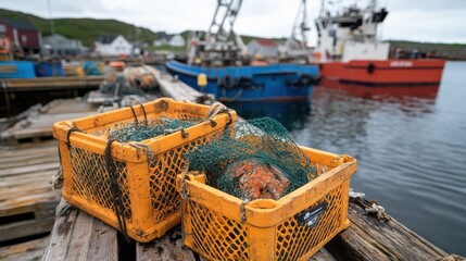 Weathered dock with fishing traps overlooks a serene harbor, hinting at the rustic life of fishermen and the timeless rhythm of the sea.