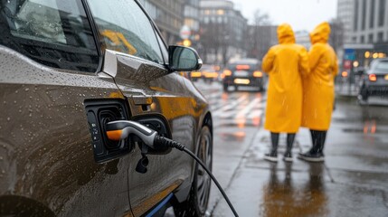 Two women in bright yellow raincoats glance at a charging electric car on a rainy city day, embodying the intersection of eco-consciousness and urban life.