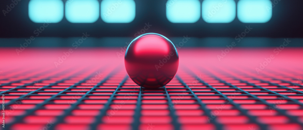 Poster a shiny red sphere sits prominently on a textured surface, illuminated by vibrant blue and red light