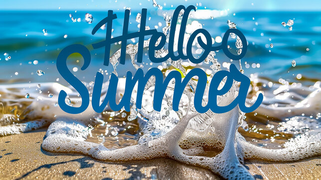 A vibrant "Hello Summer" message set against a backdrop of sun-kissed beach sand and sparkling ocean waves, evoking the essence of joy and relaxation.