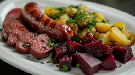 Fried sausage with slices of boiled potatoes fried in oil and marinated beetroot