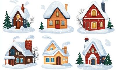 Fototapeta premium Cute painted houses on white background, winter season