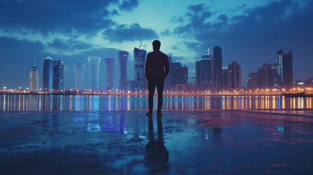 Middle Eastern journalist using AI-generated data to report on economic trends in Doha, Qatar - Powered by Adobe