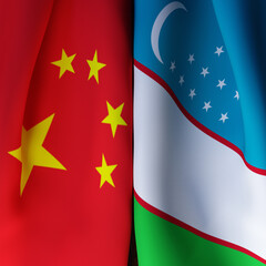 Waving Flags Of China And Uzbekistan