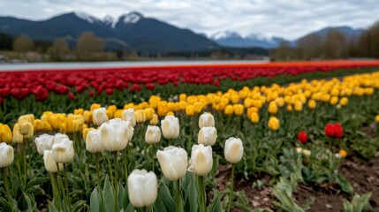 Expansive tulip fields stretch towards the mountains, showcasing vivid hues of red, yellow, and white in a testament to nature's palette.