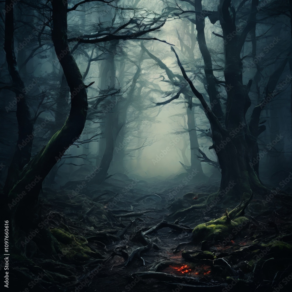 Poster an atmospheric view of a dark forest with twisted trees and thick fog enveloping the scene. the bare