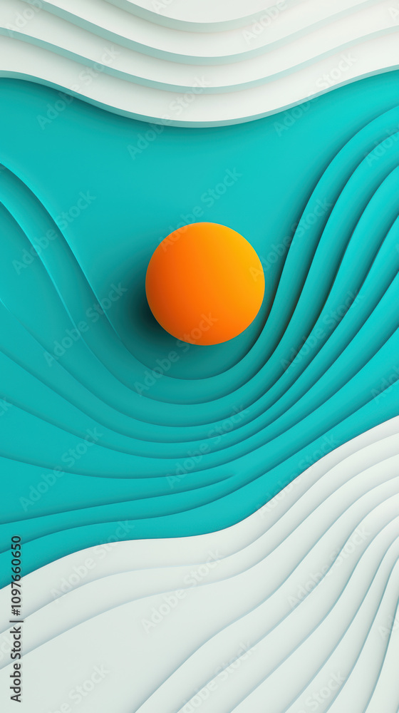 Poster a vibrant orange sphere rests on a textured turquoise surface with flowing white waves, creating a v