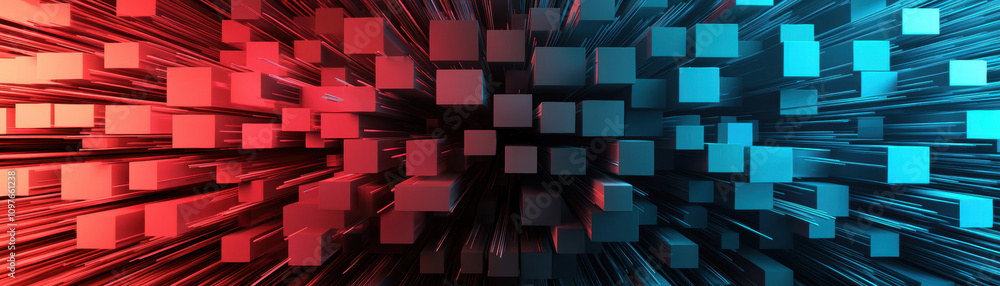Aufkleber a vibrant digital landscape featuring red and blue cubic patterns creating a sense of depth and tech