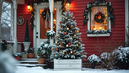 Snowy Red House Christmas Decor, Tree in Box, Festive Window