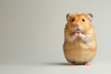 Cute hamster standing with paws up on a plain background.