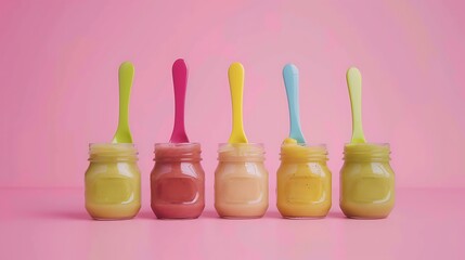 Closeup of baby puree jars with apple banana and broccoli on colorful spoons on pink background