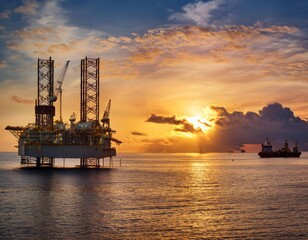 Obraz premium ocean scene at sunset with an offshore oil rig and a large cargo ship nearby