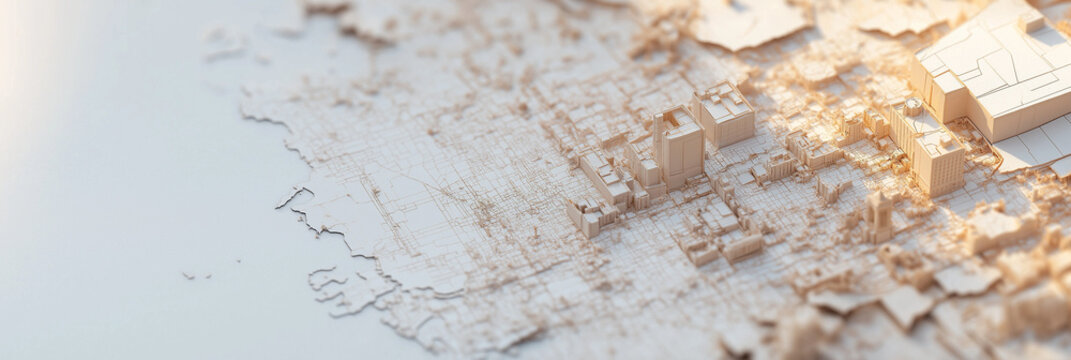 An intricate 3D-rendered image of an abstract architectural city map, which highlights the complex details and urban planning of a fictional city landscape.