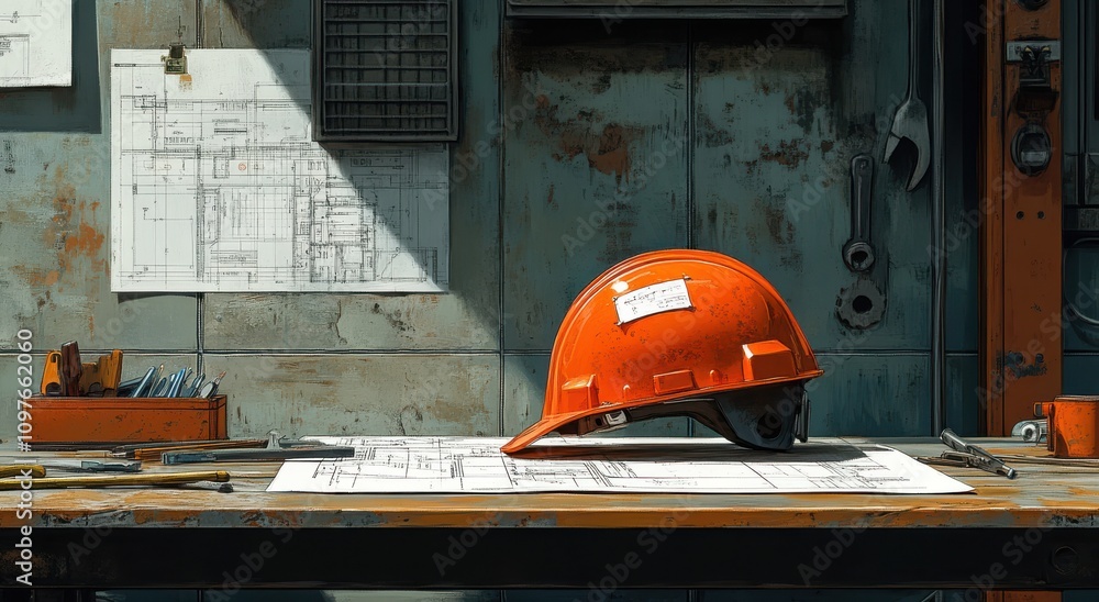 Poster orange hard hat and architectural plans arranged on a workbench in a construction workshop with tool