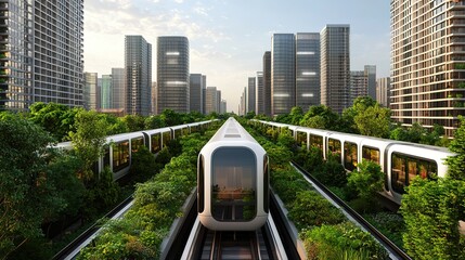Naklejka premium An urban area with smart public transportation and vertical gardens.