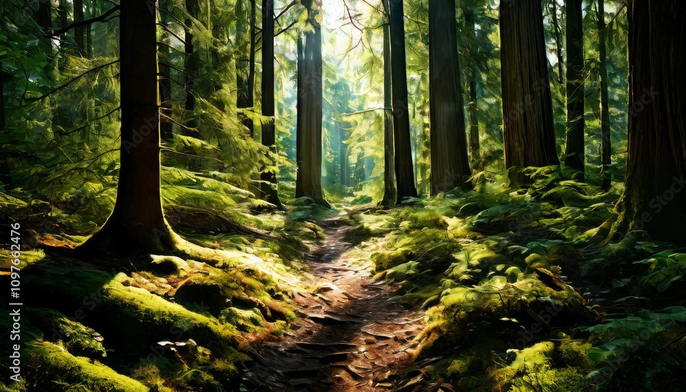Poster a scenic forest path winds through tall trees, with sunlight streaming through the canopy and castin