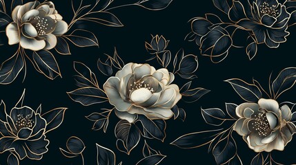Abstract floral outlines in gold against a dark emerald background