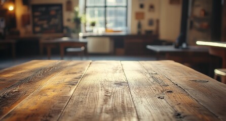 Rustic wooden table in a cozy and warm interior space with natural light highlighting the grain, perfect for showcasing craftsmanship and inviting ambiance.