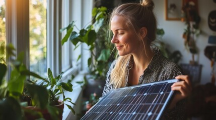 Scandinavian woman designing an aesthetic solar panel system for her eco-home in Stockholm, Sweden