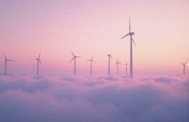 Wind Turbines Above the Clouds at Sunset, Concept of Clean Energy and Environmental Sustainability