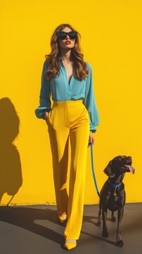 Stylish woman in a bright suit on yellow background with her dog
