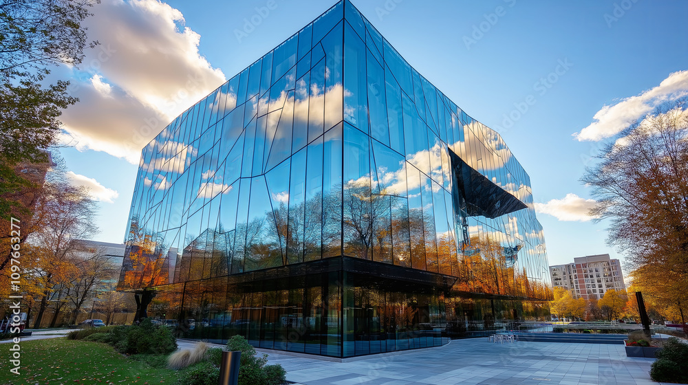 Aufkleber close-up of a modern glass building reflecting the sky in clean, angular lines.