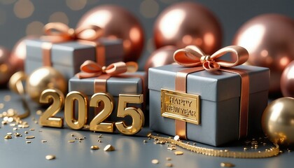 Elegant 2025 New Year's Concept: Luxurious Gifts, Golden Ornaments, and Festive Celebration