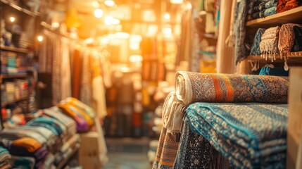 Fototapeta premium Colorful Textile Displays in a Vibrant Market: Handcrafted Fabrics and Patterns that Showcase Cultural Heritage and Artistry in a Cozy Shopping Environment