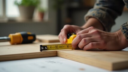 Measuring tape for interior design planning. Carpenter measures wood with a tape measure, focusing on accuracy in a sunlit workshop with tools visible in the background.